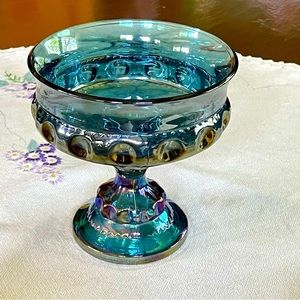 Vintage Indiana Carnival Glass King's Crown Thumbprint  Compote. Iridescent 6"H